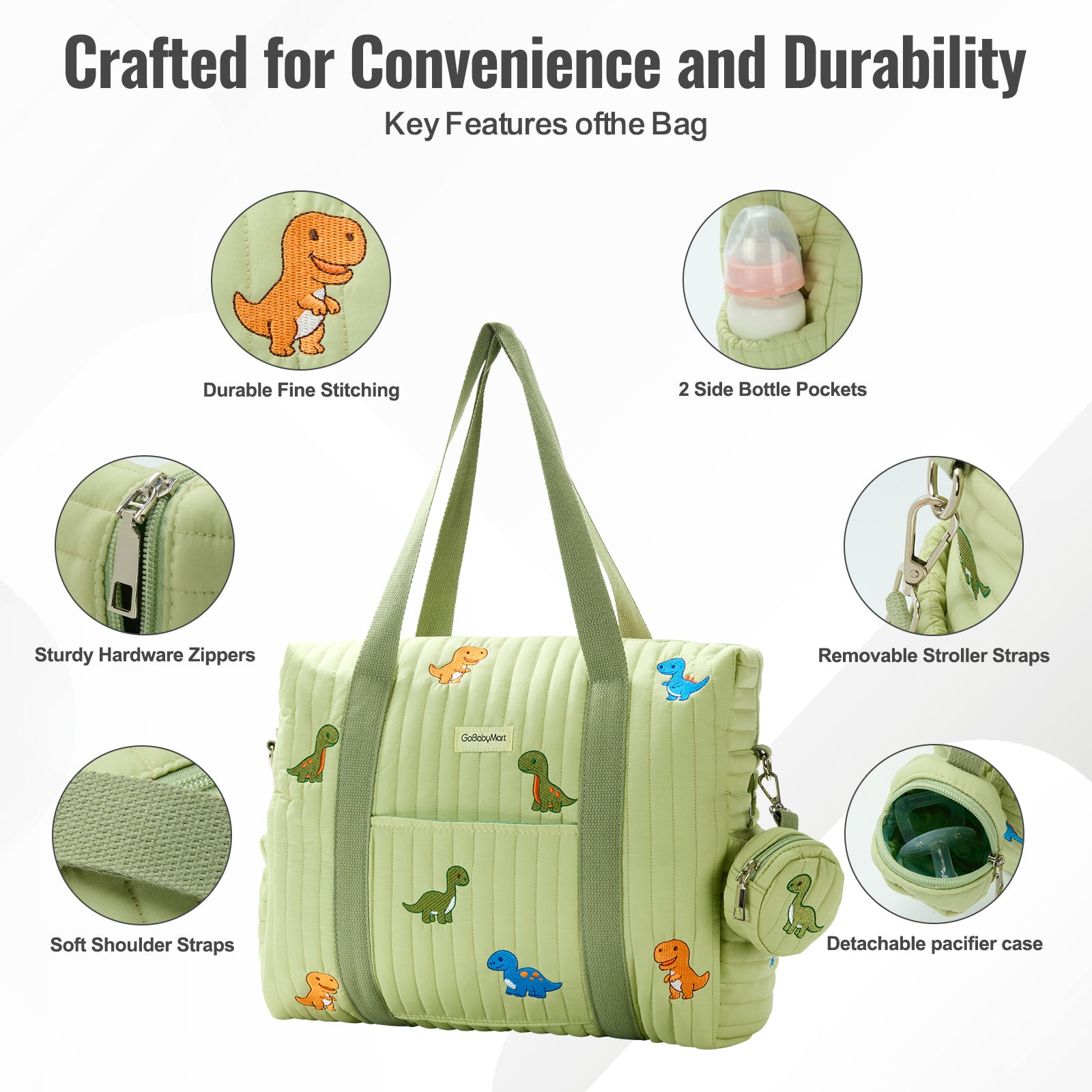Green diaper bag with dinosaur designs on a white background, featuring key features of the bag. #Color_Green Dinosaurs