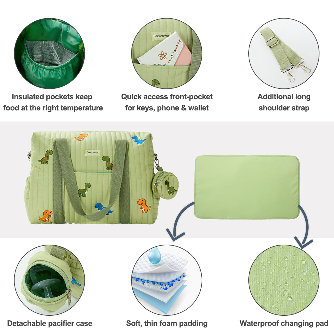 Green diaper bag with features highlighted on a white background #Color_Green Dinosaurs