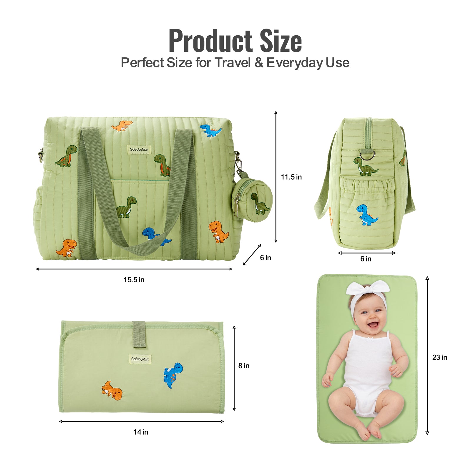 Product size infographic for a light green diaper bag set with dinosaur prints, showing the main bag, backpack-style side view, folded bag, and changing mat with a baby lying on it. Text at the top reads 'Product Size' and dimensions are labeled in inches. #Color_Green Dinosaurs