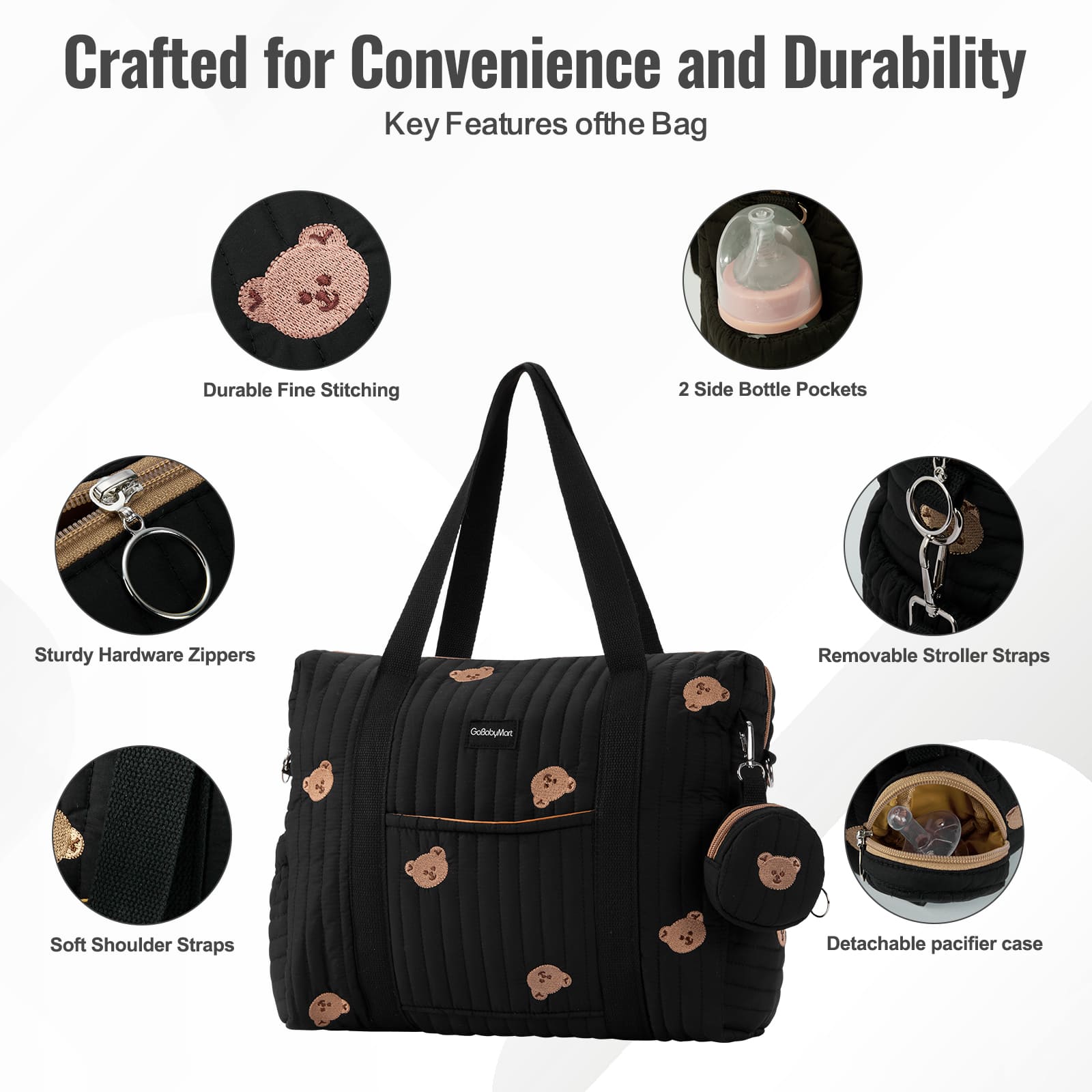 Black quilted diaper bag with teddy bear print, shown with feature callout circles on a white background. Text at top reads 'Crafted for Convenience and Durability' and lists key features like durable fine stitching, side bottle pockets, sturdy zippers, soft shoulder straps, and a detachable pacifier case. #Color_Black Bears