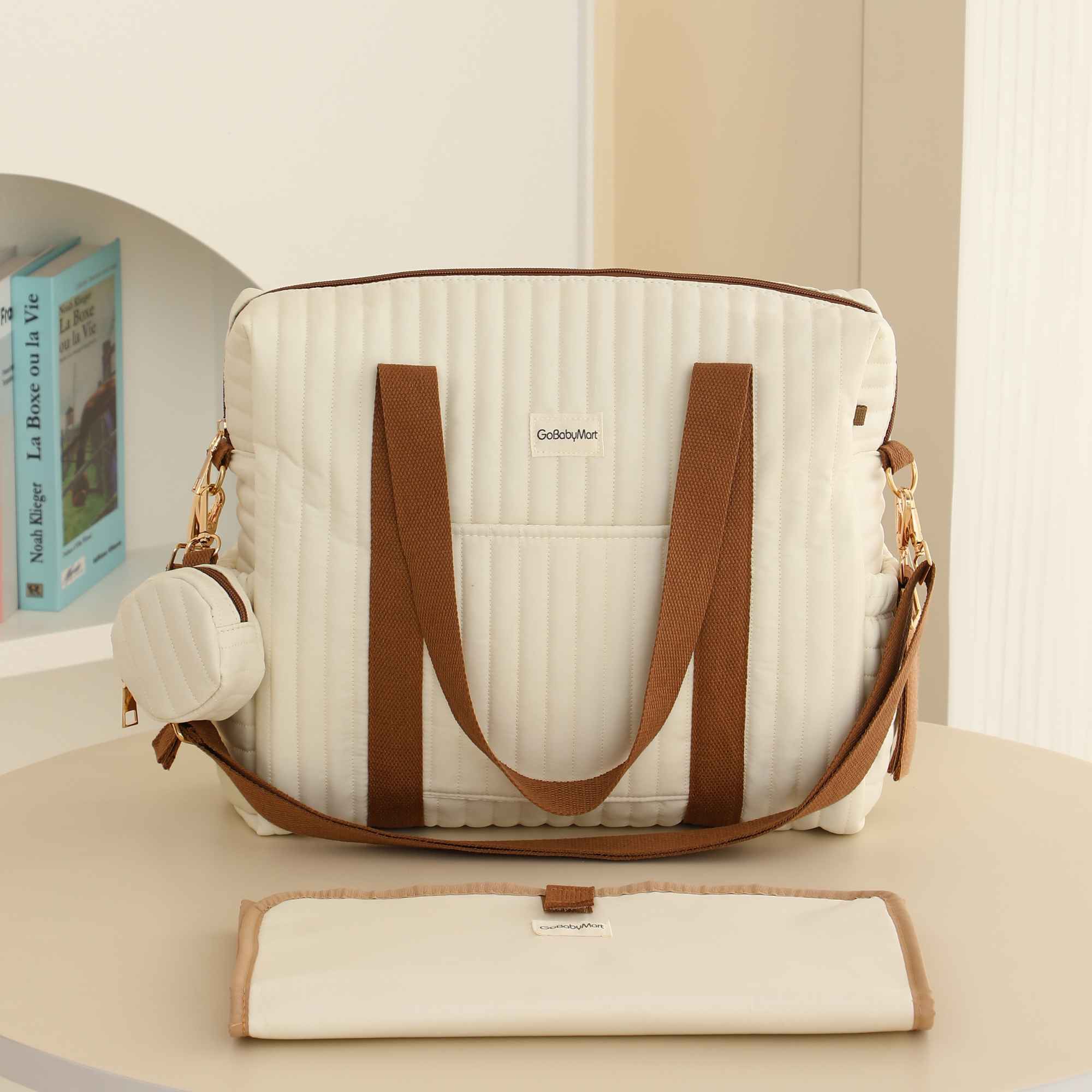 Beige Diaper Bag tote with changing pad