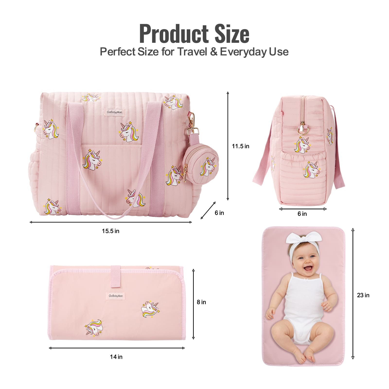 Pink diaper bag set with unicorn print shown with multiple views and dimensions, plus a baby sitting on a matching pink changing pad. Text at the top reads 'Product Size' and lists measurements for the bag, backpack, changing mat, and changing pad. #Color_Pink Unicorns