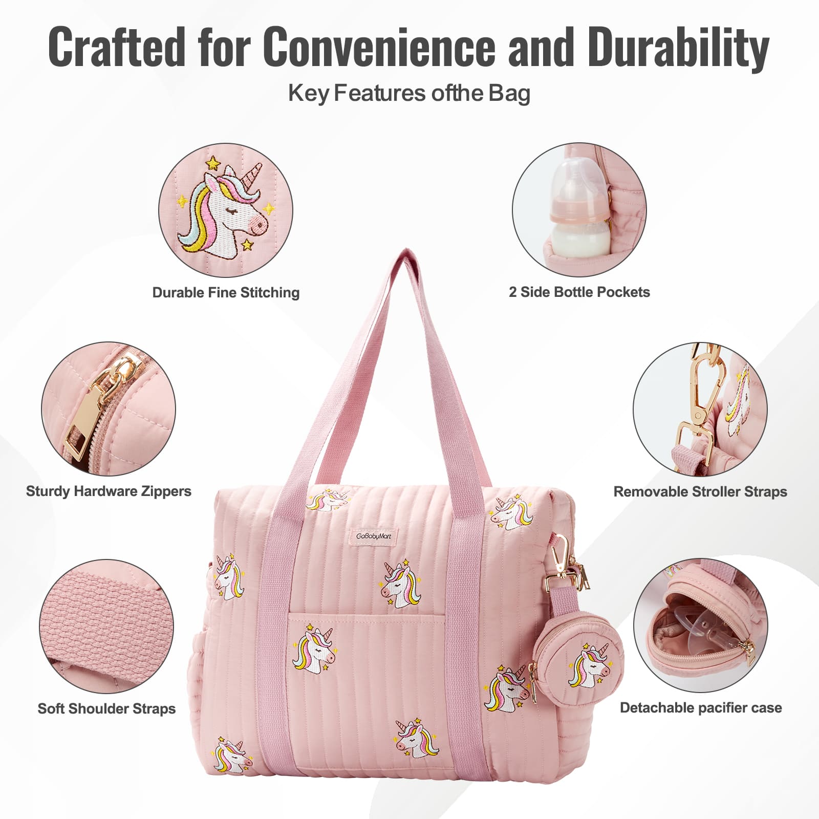 Details of diaper bag tote pink color baby bag #Color_Pink Unicorns