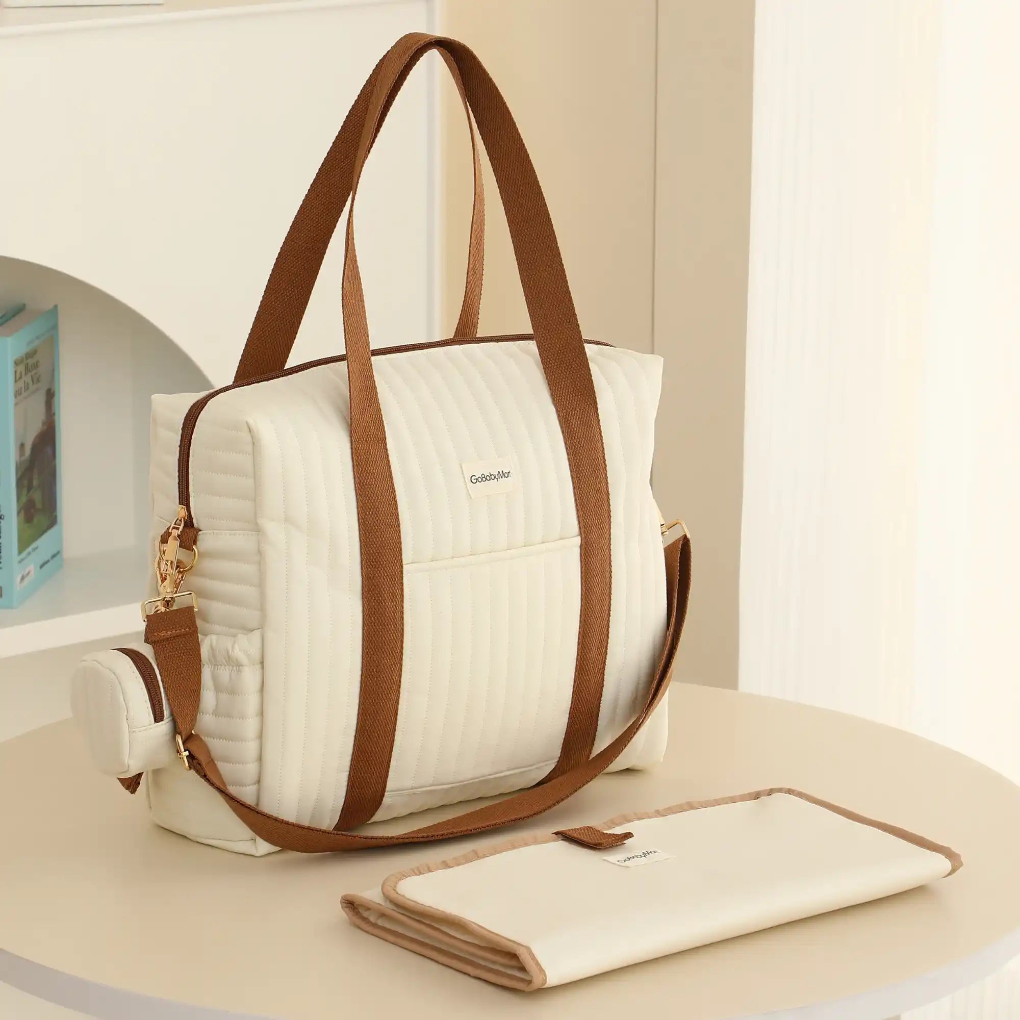 GoBabyMart Plain Quilted Diaper Bag Tote Beige GoBabyMart Plain Quilted Diaper Bag Tote Beige