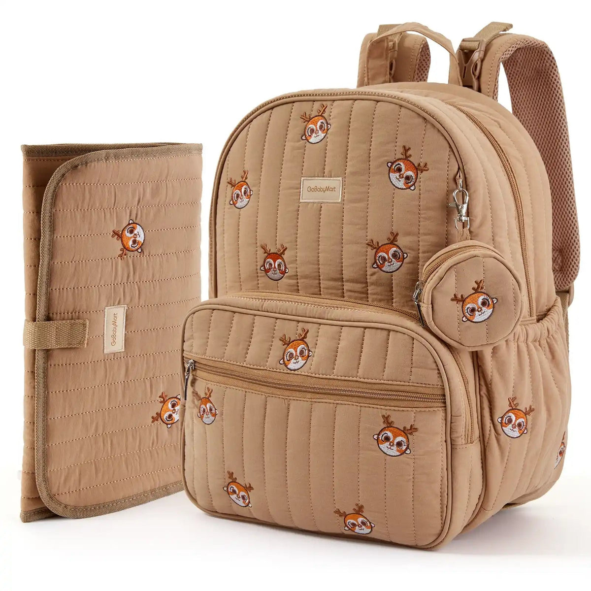 A beige quilted baby Diaper Bag backpack set with a matching changing pad and small pouch, decorated with a repeating cartoon deer print, shown on a white background. #Color_Brown - Deer
