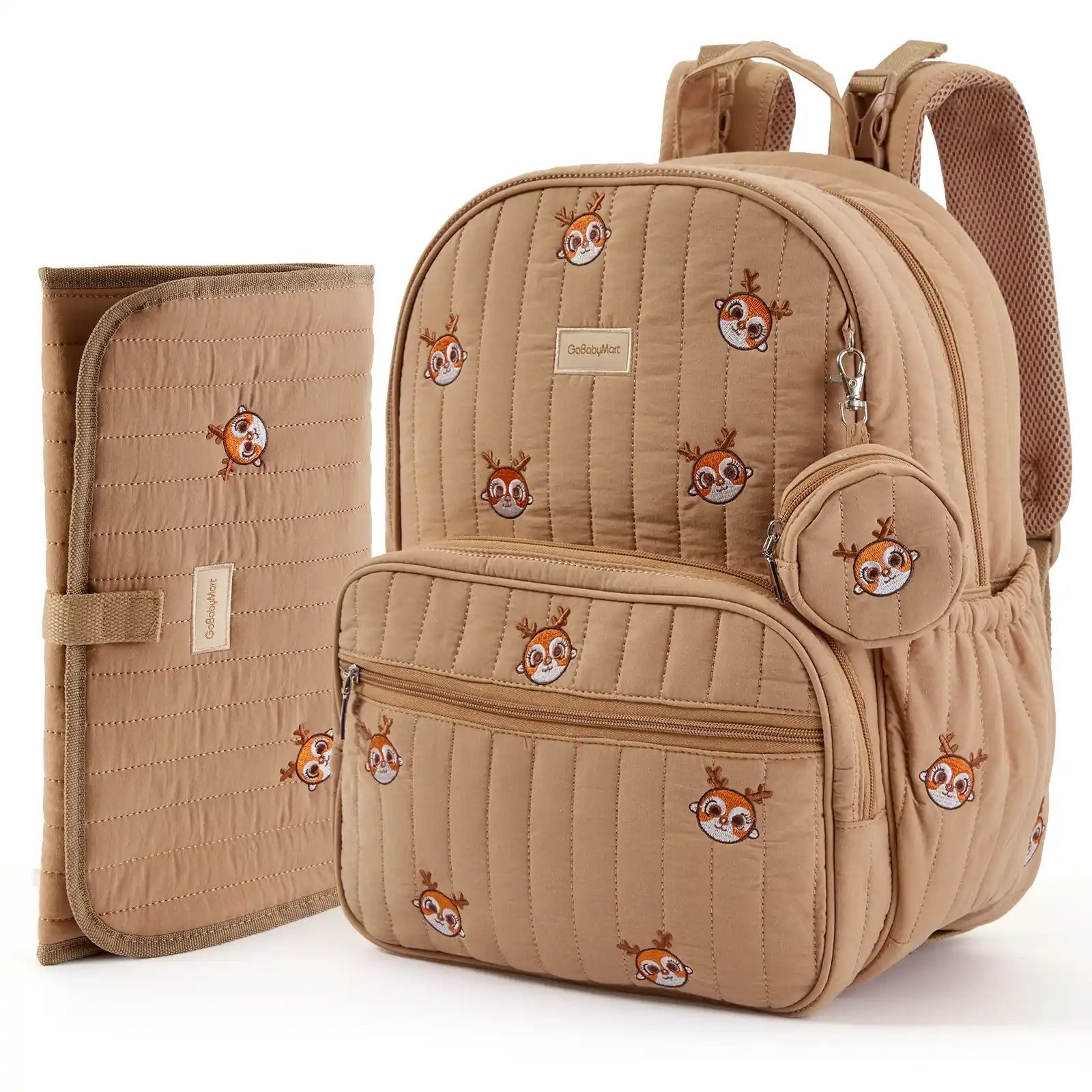 A beige quilted baby Diaper Bag backpack set with a matching changing pad and small pouch, decorated with a repeating cartoon deer print, shown on a white background. #Color_Brown - Deer