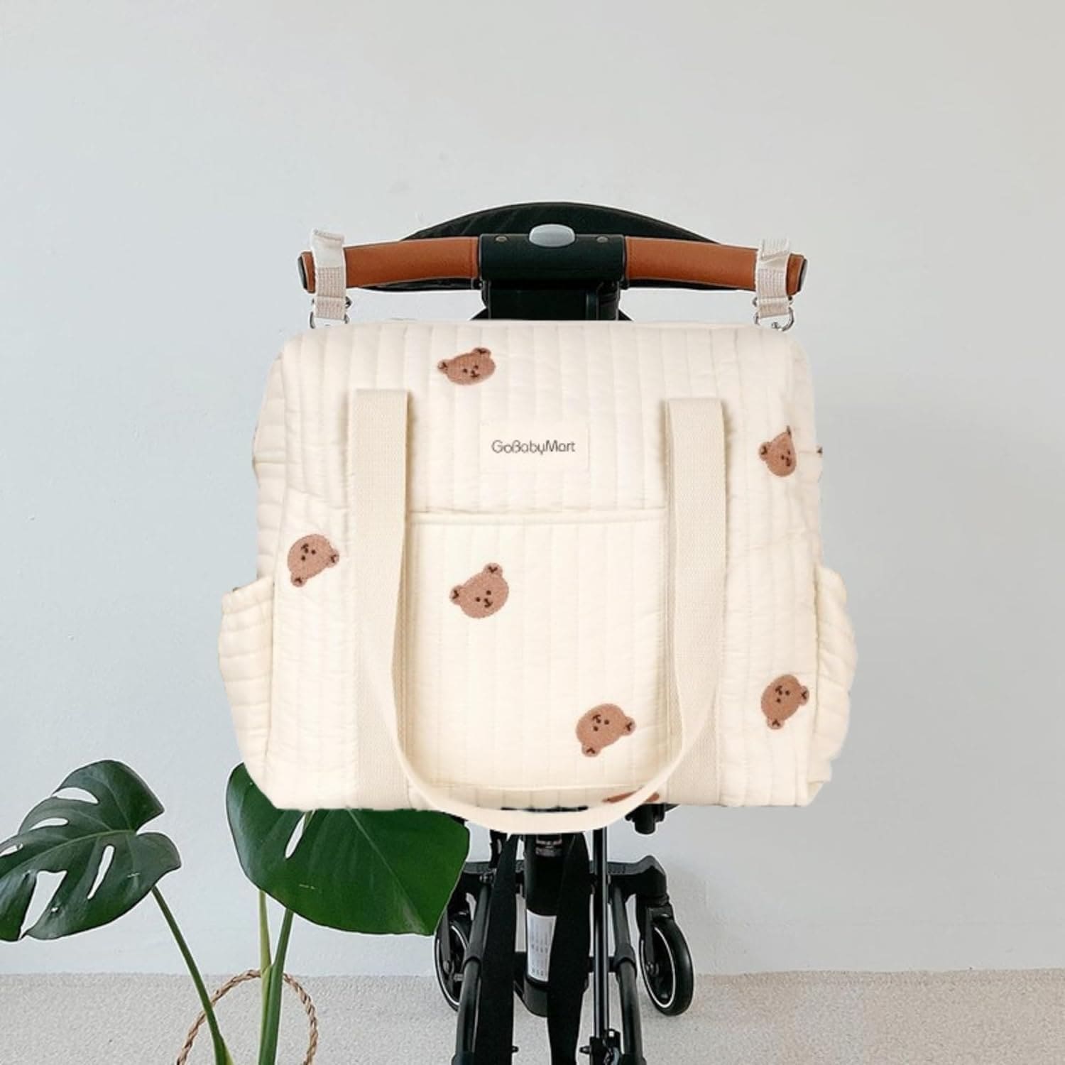 Diaper Bag Tote on a stroller large #Color_Beige Bears