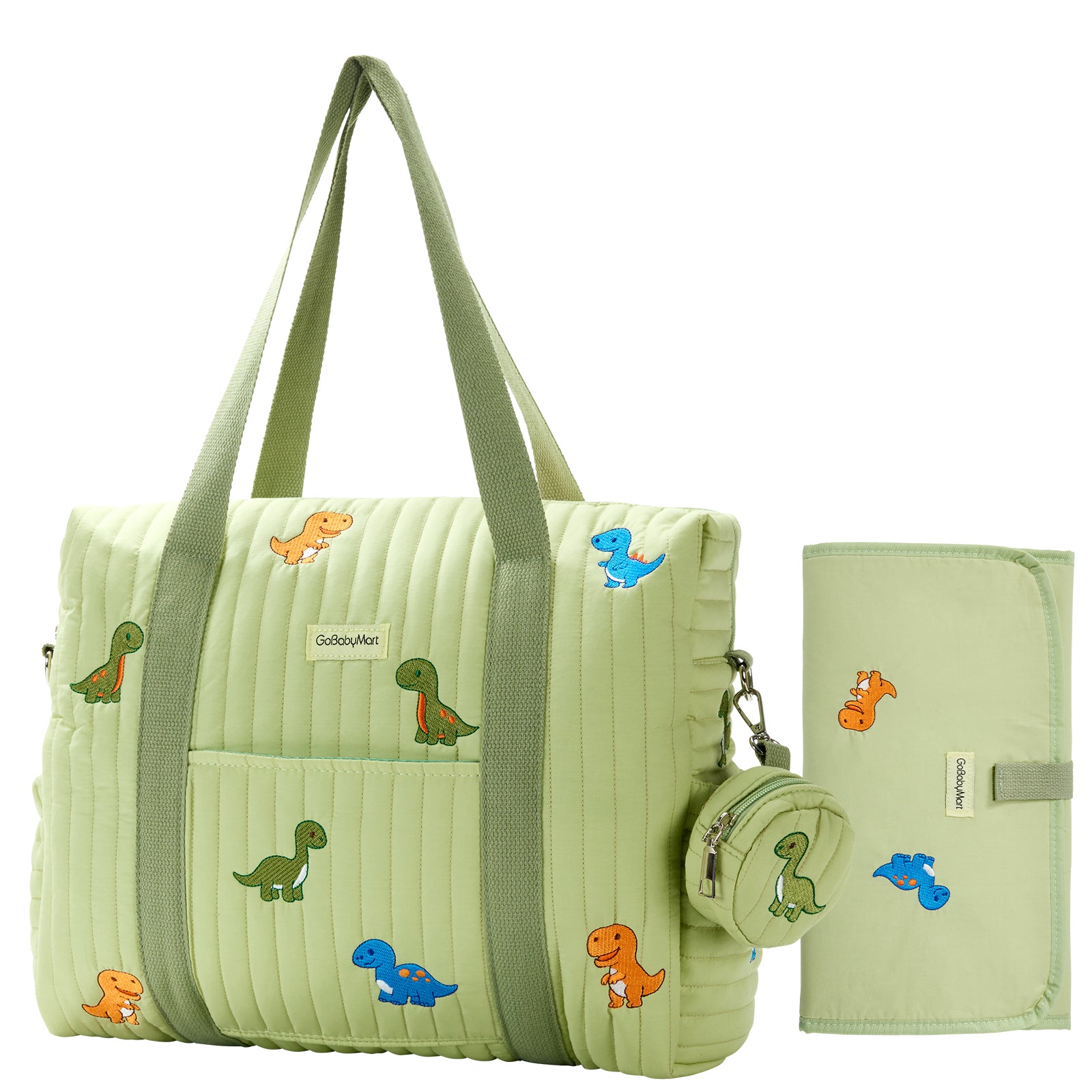 Green diaper bag set with dinosaur designs on a white background #Color_Green Dinosaurs