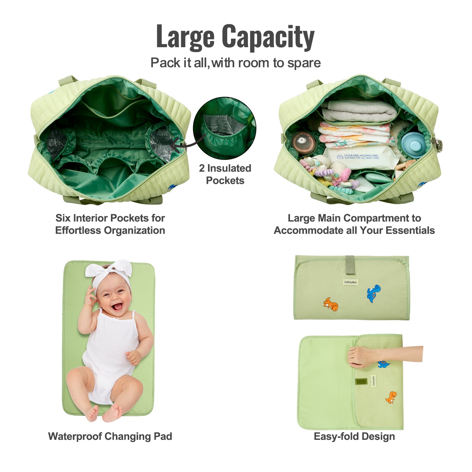 Green baby bag with features highlighted on a white background #Color_Green Dinosaurs