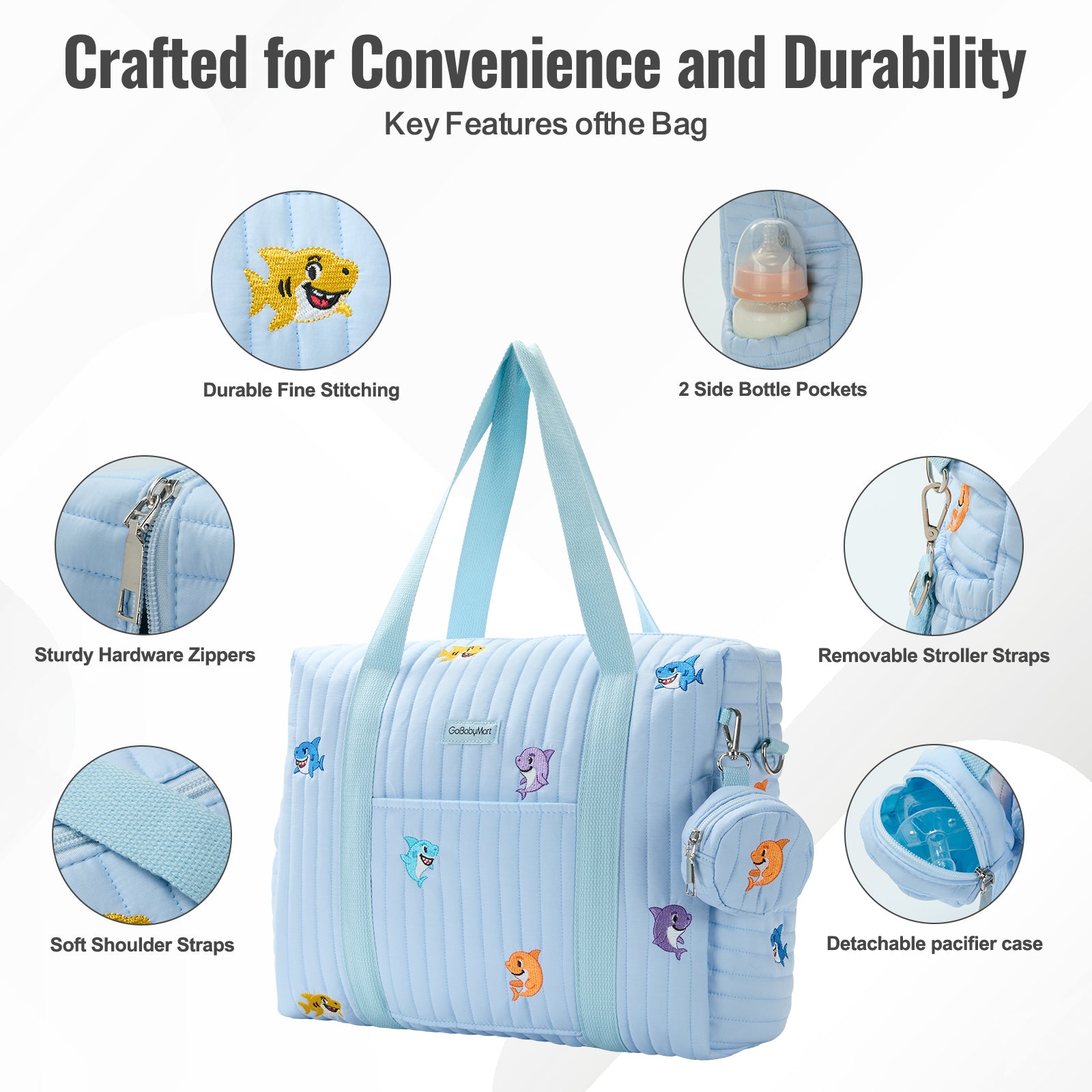 A light blue quilted diaper bag with colorful cartoon fish motifs, shown with feature callout circles and the headline 'Crafted for Convenience and Durability' on a white background. #Color_Blue Sharks