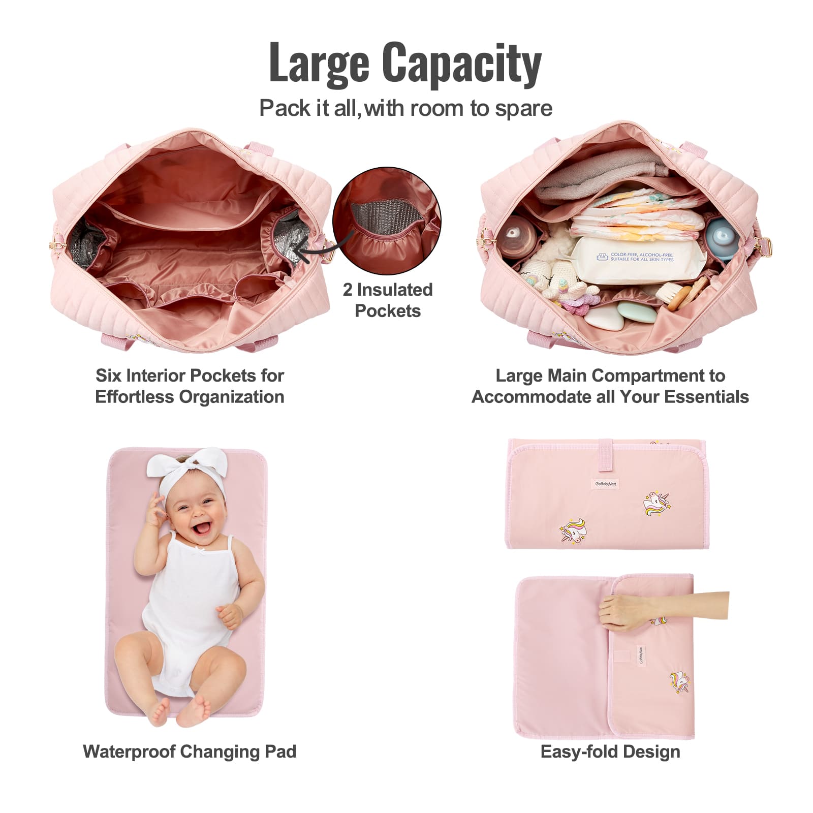 Pink baby bag with features highlighted on a white background #Color_Pink Unicorns