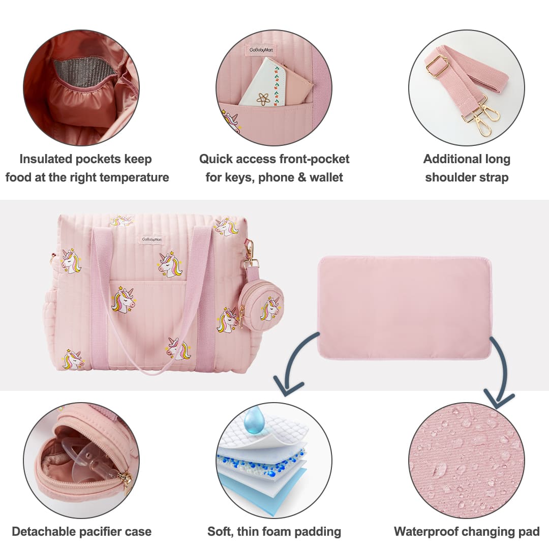 GoBabyMart Diaper Bag Tote Features #Color_Pink Unicorns