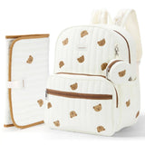 An off-white quilted baby Diaper Bag backpack set with a matching changing pad and small pouch, decorated with a brown teddy bear pattern and brown trim, shown on a white background. #Color_Beige - Bears