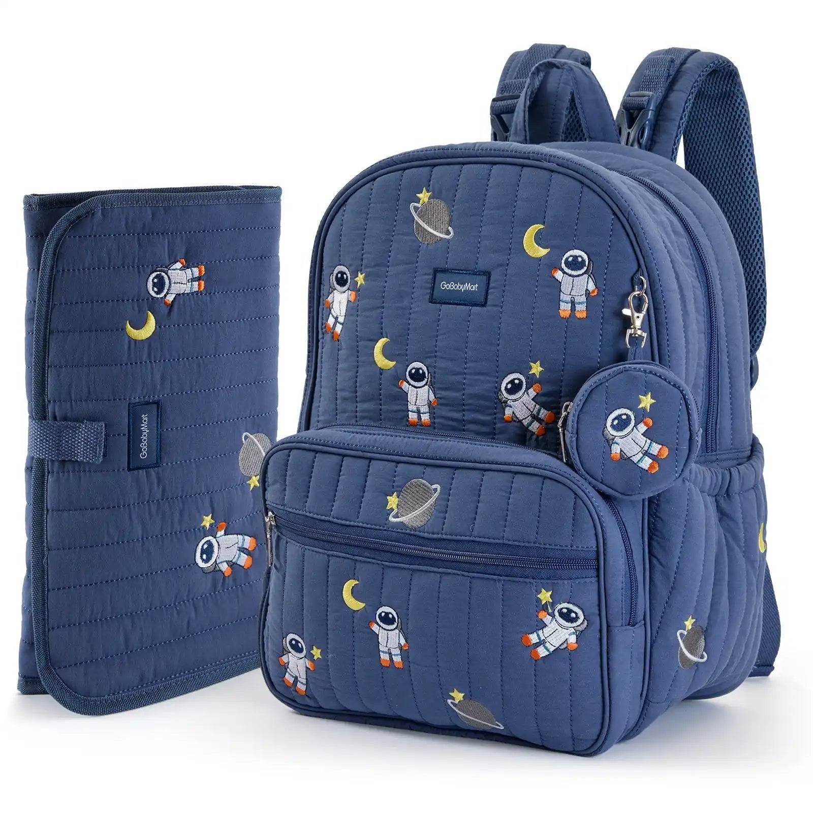 A navy blue quilted diaper bag backpack set with matching pouches, featuring a playful astronaut and space-themed print. The set includes a main backpack, a front zippered pocket, a side mesh pocket with a matching coin pouch, and a separate matching diaper cover shown to the left, all on a clean white background. #Color_Navy - Astronauts