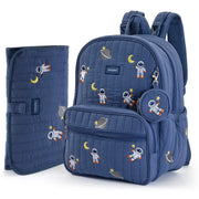 A navy blue quilted diaper bag backpack set with matching pouches, featuring a playful astronaut and space-themed print. The set includes a main backpack, a front zippered pocket, a side mesh pocket with a matching coin pouch, and a separate matching diaper cover shown to the left, all on a clean white background. #Color_Navy - Astronauts